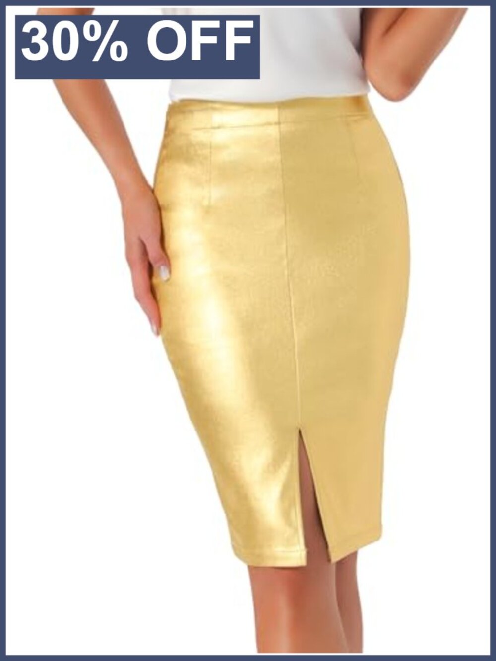 Shiny Holographic High Waist Midi Bodycon Pencil Skirt Front Slit Party Club
